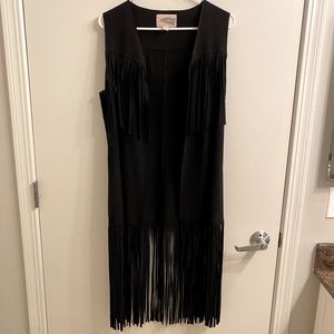 Black Suede Sleeveless Long Vest With Fringe